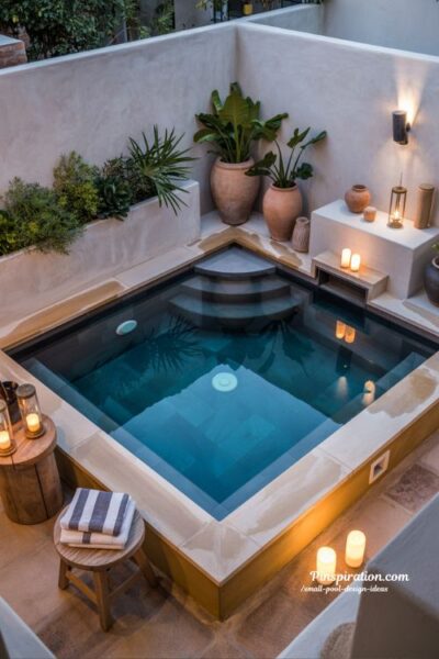Plunge pool retreat with calm deep water feel in a small private backyard