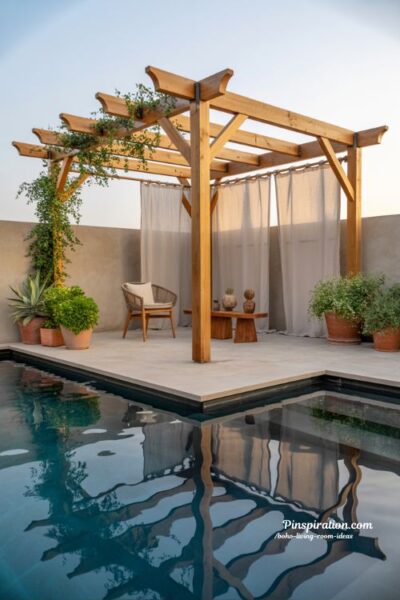 Poolside pergola above ground pool with climbing plants and shaded outdoor lounge for slow living backyard retreat