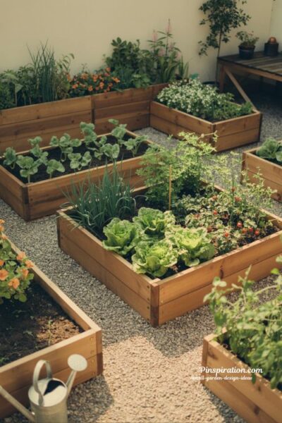 Raised bed small garden design ideas for fresh harvests with vegetables and flowers in a backyard kitchen garden