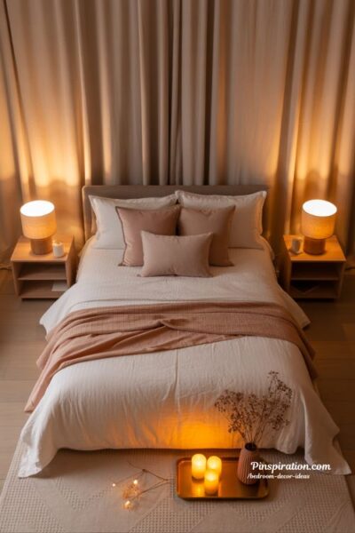 Romantic bedroom decor ideas for couples with warm lighting soft textures and cozy intimate mood