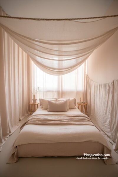Romantic canopy small bedroom ideas for couples with sheer white fabric and cozy dreamy minimalist design