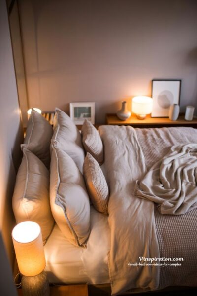 Romantic luxury small bedroom ideas for couples on a budget with warm lighting and cozy elegant decor