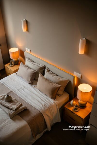 Romantic small bedroom lighting ideas for couples with layered warm lamps and cozy intimate evening atmosphere