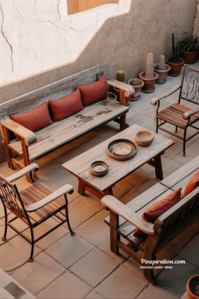 Rustic furniture Mexican patio ideas with wooden benches and iron chairs in cozy outdoor comfort style