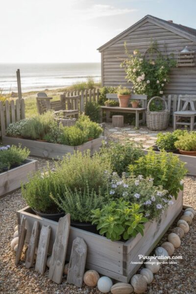 Seaside herb garden with raised beds and coastal cottage charm