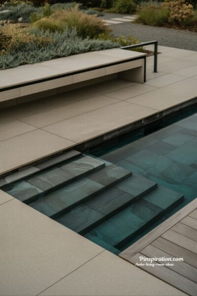 Semi inground above ground pool with modern stone and wood design for a grounded minimalist backyard retreat