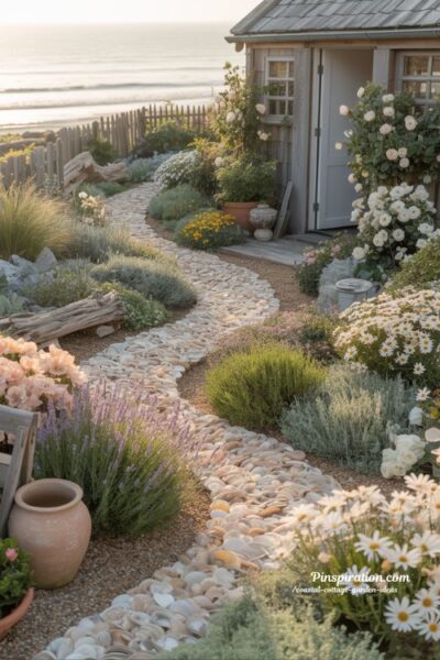 Shell lined garden pathway in a coastal cottage garden with seaside charm