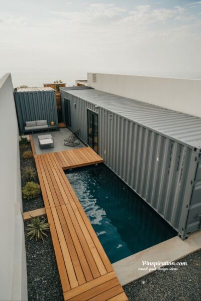 Shipping container pool design for smart budget small backyard builds with modern industrial minimalist style