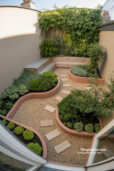 Small backyard garden layout ideas with curved pathways and layered plants to maximize space