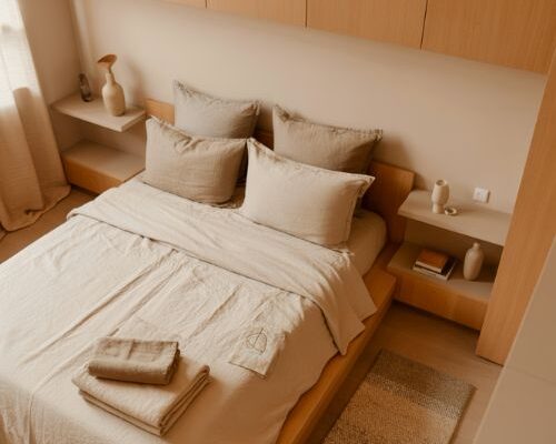Small bedroom ideas for couples with warm minimalist Japandi design and cozy uncluttered layout