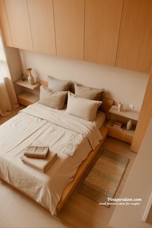 Small bedroom ideas for couples with warm minimalist Japandi design and cozy uncluttered layout