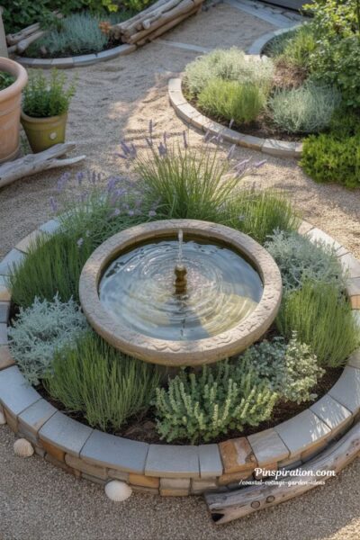 Small coastal cottage garden water fountain with calming natural seaside energy