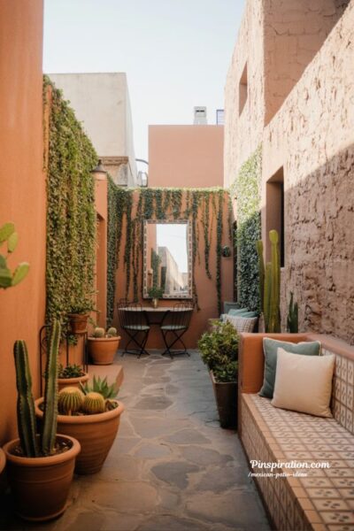 Small courtyard Mexican patio ideas for urban homes with vertical plants and cozy space-saving style