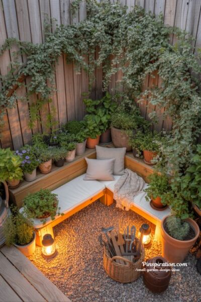 Small garden design ideas with cozy corner bench seating and warm lantern lighting