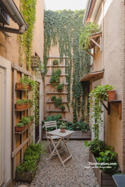 Small garden design ideas with vertical wall planters and climbing plants for tiny spaces