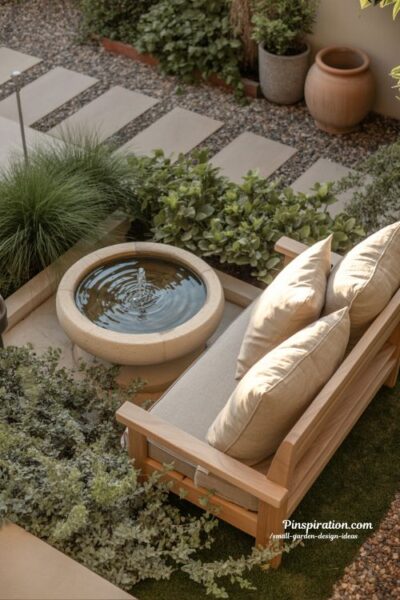 Small garden design ideas with water features and cozy seating for relaxing backyard spaces