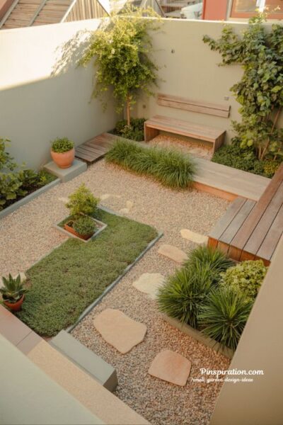 Small garden design ideas without grass using gravel decking and layered textures for easy maintenance backyard