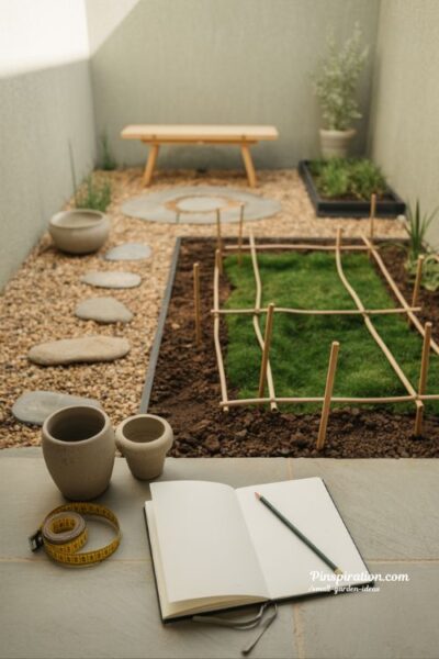 Small garden ideas planning layout with seating zone and planting zones for a calm and structured outdoor design