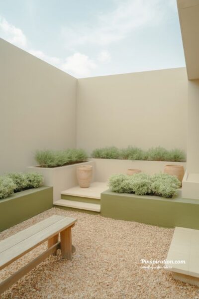 Small garden ideas using light colors like cream and soft greens to visually expand small outdoor spaces with calm minimal design