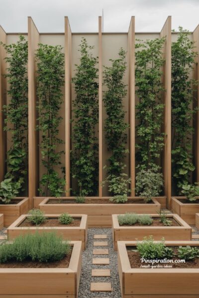 Small garden ideas using vertical panels and raised beds for space-saving structured outdoor design and organized planting layout