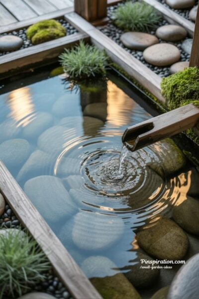 Small garden ideas with calming water features like stone bowls and fountains for peaceful reflective outdoor spaces