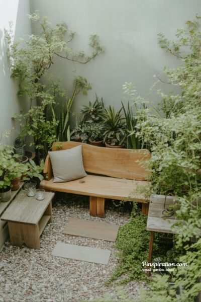 Small garden ideas with cozy seating corners using simple benches and greenery for a calm and inviting outdoor retreat