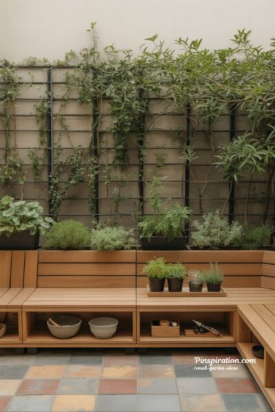 Small garden ideas with multi-use furniture like storage benches and plant tables for flexible and space-saving outdoor living