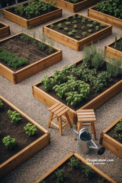 Small garden ideas with raised beds for structured vegetable and herb planting with clean pathways and natural garden flow