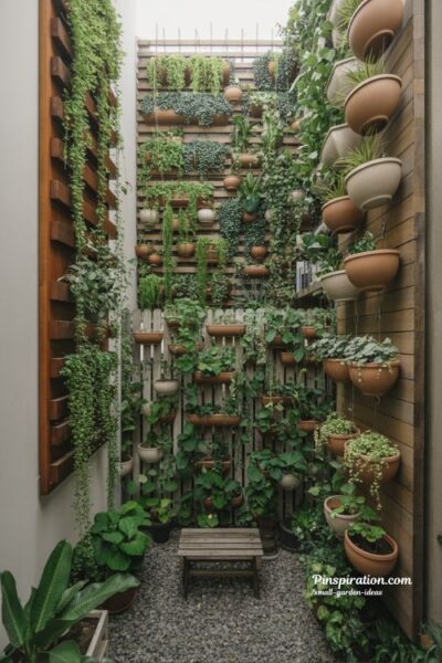 Small garden ideas with vertical gardening using walls fences and hanging plants to create lush space-saving green design