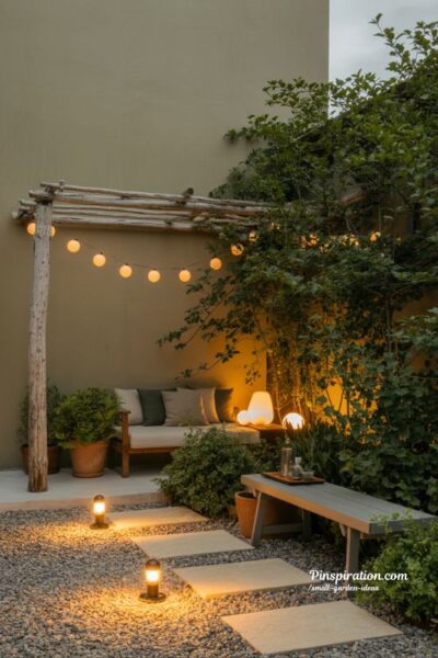 Small garden ideas with warm evening lighting using string lights and lanterns to create a cozy glowing outdoor atmosphere