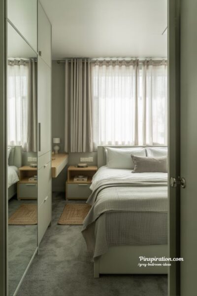 Small grey bedroom ideas with smart storage minimal decor and light airy design