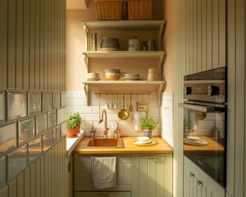 Small kitchen ideas with light cabinets and smart cozy storage