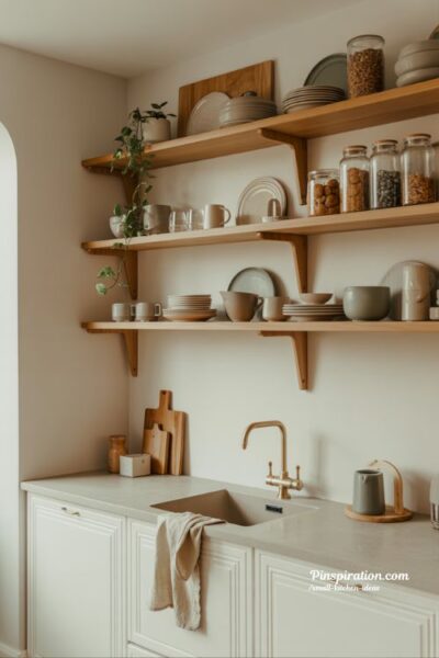 Small kitchen ideas with open shelving and airy cozy storage