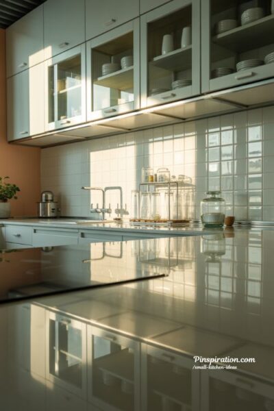 Small kitchen ideas with reflective surfaces using glossy backsplash and glass cabinet design
