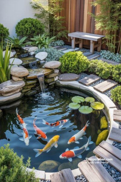 Small koi pond with waterfall peaceful backyard living water garden