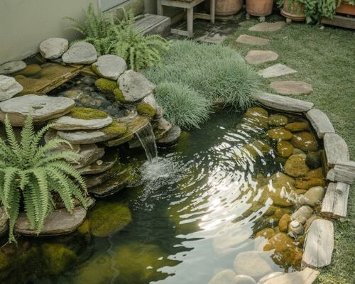 Small ponds with waterfall peaceful backyard garden corner with natural stone feature