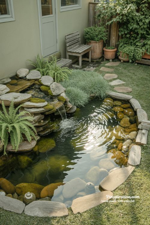 Small ponds with waterfall peaceful backyard garden corner with natural stone feature