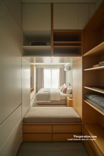 Smart small bedroom storage ideas for couples with hidden storage bed and multifunctional furniture design