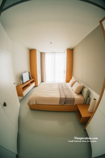 Space saving small bedroom layout ideas for couples with smart furniture placement and open walking pathways design