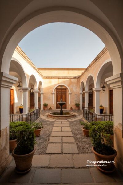 Spanish Colonial Mexican patio ideas with arches stone paths and timeless elegant courtyard design