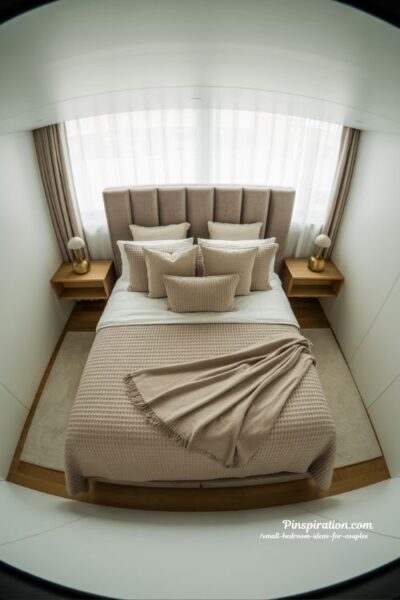 Statement bed small bedroom ideas for couples with elegant headboard and cozy minimalist stylish layout