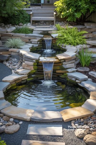 Tiered small pond waterfall system backyard garden with layered cascading water design