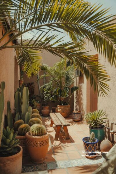 Tropical fusion Mexican patio ideas with lush greenery palms and rustic courtyard charm