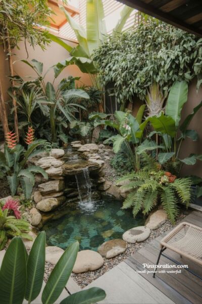 Tropical small pond with waterfall lush backyard garden escape with bold plants