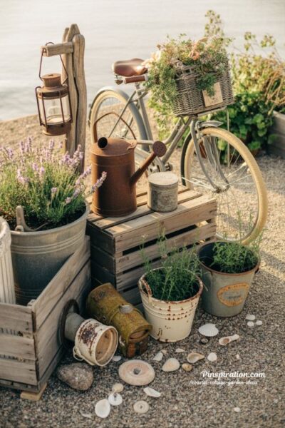 Vintage coastal cottage garden with rusted watering can and bicycle accents