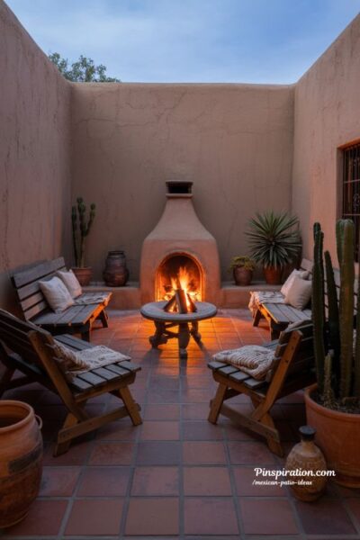 Warm chiminea Mexican patio ideas with glowing firelight and cozy rustic courtyard nights