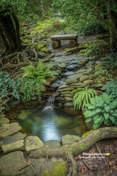 Woodland garden small pond with waterfall natural shaded forest backyard design