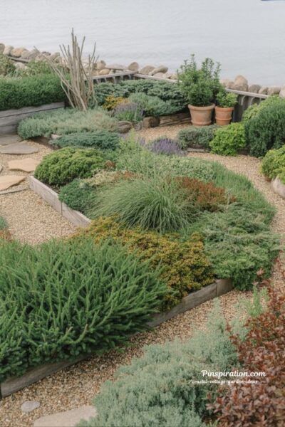Year round coastal cottage garden with evergreen structure and natural texture balance