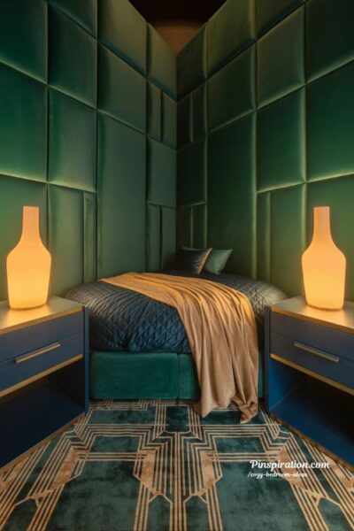 art deco cozy bedroom ideas with bold patterns and elegant warm luxury style