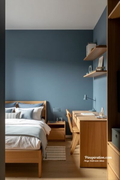 blue themed boys bedroom ideas with timeless modern design and warm neutral balance aesthetic